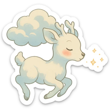 vanilla cloud doe, floating, rosy cheeks, blowing sparkles, ghibli-inspired style sticker