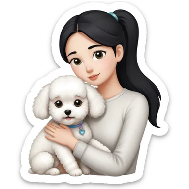 One long face girl with straight black hair in a ponytail，hugging one Bichon frise sticker