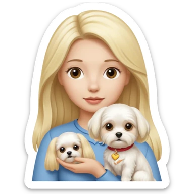 birthday woman with long blonde hair is holding a Maltese dog sticker