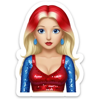 Christina Aguilera with long platinum blonde hair, periwinkle sequin crop top, red sequin pants, blue eyes sticker