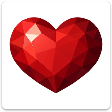 Transform this heart into a ruby in vector illustration style: no outlines, clear and contrasting facets, rich red color, flat color fills, geometric highlights, some facets lighter and some darker to create volume. sticker