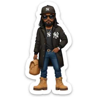 African American man with shoulder length black dreadlocks with black beard wearing black sunglasses wearing a black New York Yankees logo baseball cap wearing a black bubble winter coat wearing denim skinny jeans and timberland boots putting on his shoes sticker