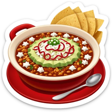 hot pozole rojo with steam, hominy, and sides: onions, shredded cabbage, lime wedges, red chile de arbol salsa, and tostadas lightly smeared with sour cream sticker