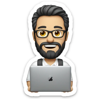Emoji man with beard holding macbook in hands wearing glasses and shirt, profession - graphic designer. Features: white skin, full body type, dark hair, earring in left ear sticker