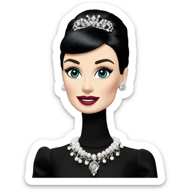 Glamorous Audrey Hepburn as Sabrina Barbie.Morticia Addams. Show full body. Embroidered long black gown jewelry gloves pearl earrings  sticker