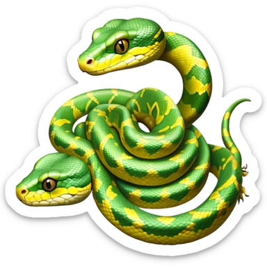 cinematic-green tree python-realistic-full-body-coiled-emoji,-thick-scaled-body-looped-tightly,-intricate-yellow and white-patterned-scales-reflecting-light,-head-tilted-dramatically,-cute-eyes-staring-calmly,-simplified-yet-realistic-focused-feature sticker