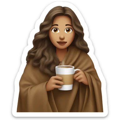 Brown long hair lady wearing light brown blanket drinking coffee  sticker