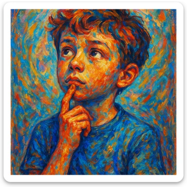 a boy thinking, finger on chin, looking up, creative illustration style sticker