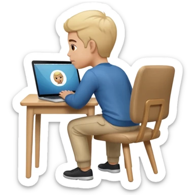 Memoji sitting on a chair from behind (pnly hair and back of the chair shown) focusing on laptop  sticker