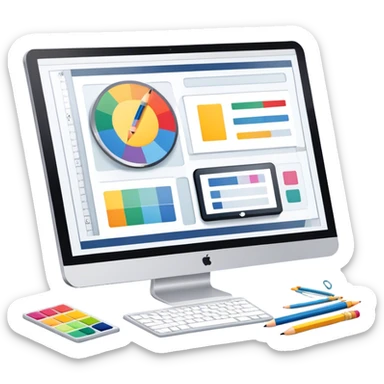 Professional emoji for Graphic Design: a computer screen displaying a design layout, vector shapes, a color palette, and design tools like a pencil and ruler. The icon should represent creativity and precision in graphic design. Transparent background. sticker