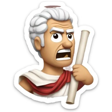 Angry Senator: A Roman senator in a toga, holding a torn scroll, face red with rage, eyebrows furrowed, expressing fury, like he's frustrated with a law or vote sticker