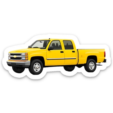Yellow 1997 Chevrolet C-2500 Crew Cab Silverado pickup truck from Kill Bill, clean minimalist design, 30-degree angle showing front and side profile, bold yellow color, iOS emoji style sticker