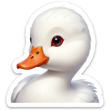 Cinematic Cute White Duck Portrait Emoji, Head tilted playfully and inquisitively, featuring a glossy, immaculate white plumage with a charming red bill, round, sparkling eyes filled with curiosity, Simplified yet irresistibly adorable features, highly detailed, glowing with a warm, friendly glow, high shine, affectionate and lively, stylized with a touch of whimsical charm, bright and endearing, soft glowing outline, capturing the essence of a mischievous yet loving duck, so playful it feels like it could waddle out of the screen and into your arms! sticker