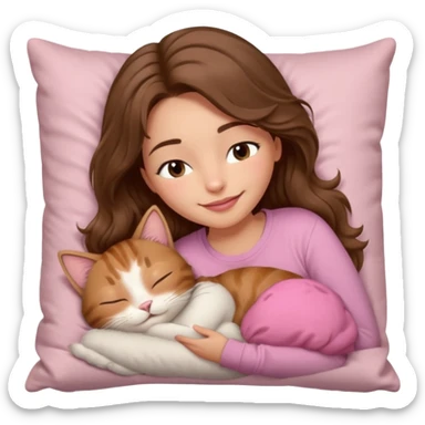 girl with wavy long brown hair, brown eyes, light to medium complexion, long lashes, light pink lipstick, smiling, wearing light pink shirt, sleeping on a cozy pillow, cuddling a brown tabby cat  sticker