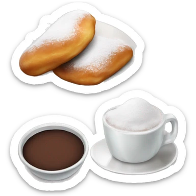 Realistic plate of powdered sugar beignet s with glass cup of chocolate dip. sticker