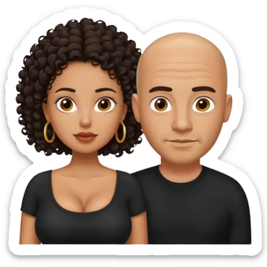 A picture of a tanned couple. the man is a Mexican man with tanned skin, a bald hair cut, short beard and wearing a black shirt. the woman is mixed, with long curly dark brown hair and with big boobs  sticker