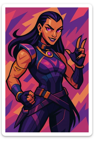 Valorant agent Reyna with purple eyes and long dark hair, confident expression, dynamic pose, detailed, vibrant colors, game character style sticker