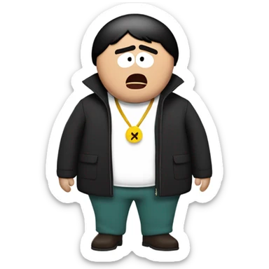 Surprised man with black hair in a Cartman (from the South Park TV Show) costume sticker
