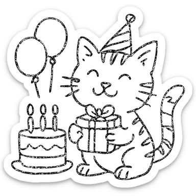 outlined icon of a playful tabby kitten, birthday hat, holding a gift, with cake and balloons in the background sticker