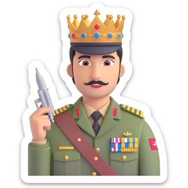 Pakistani soldier in uniform with a royal crown holding a miniature Indian jet, vibrant sticker