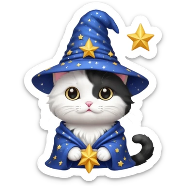 black and white kitty with a starry wizard hat sticker