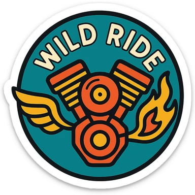 circular motorcycle cap design with the English phrase 'Wild Ride', featuring motorcycle motifs like motor, flame, wing, wild style sticker