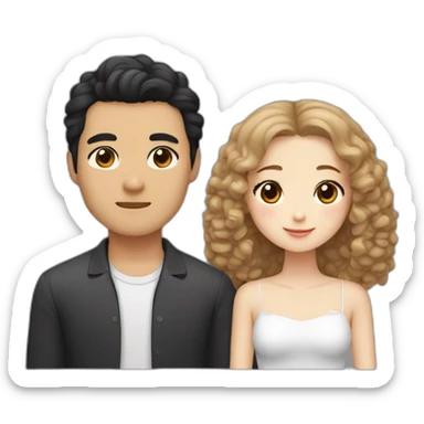 A couple consisting of asian korean man with dark eyes and black wavy hair and white girl with long straight blonde hair and brown eyes with brown toy poodle sticker