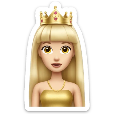 Blonde Barbie with full bangs and long hair and hazel eyes wearing a gold crown sticker