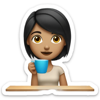 caucasian girl with straight black hair drinking coffee sticker