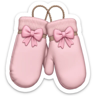 pastel pink pair of mittens connected by string and a bow sticker