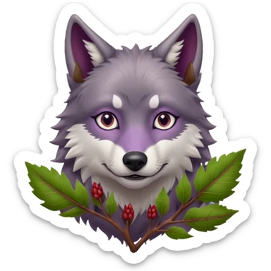 A wolf with lilac gray eyes and holding a weirwood leaf sticker