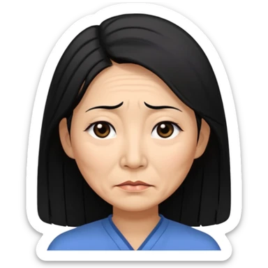 50 yr old asian woman, straight thick long black hair, big black, side part, tired sticker