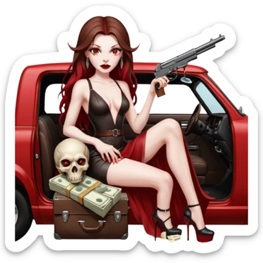 Lilith symbol red eye seductress evil long brown haired sexy succubus woman with leather long dress with slit on, sitting in Big Large F350 pickup truck. Platform long high heels on feet. Back seat full of stacks of cash, she is  Holding a man dead human skull of her enemies and a gun in other hand sticker