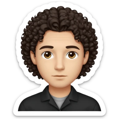 He’s a young man with light to medium skin, a defined oval face, full brows, deep-set eyes, and voluminous curly dark brown hair styled with height. expression calm and focused relaxed black open-collar shirt.polished, articulate, and professional vibe. sticker