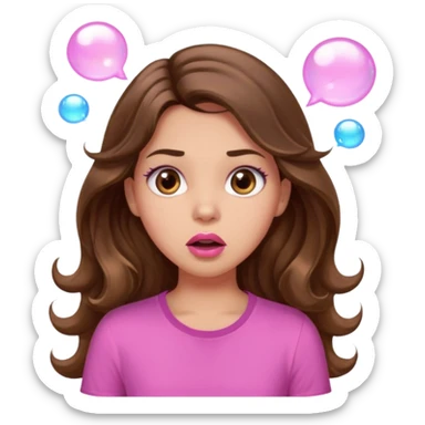 girl with long wavy brown hair, brown eyes, light to medium complexion, in a pink shirt, pink lips, long lashes, surprised, wow bubble sticker