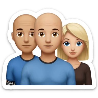 tattooed completely bbald brown eyed male with blonde haired blue eyed big boob female with brunette haired brown eyed big boob female throuple  sticker