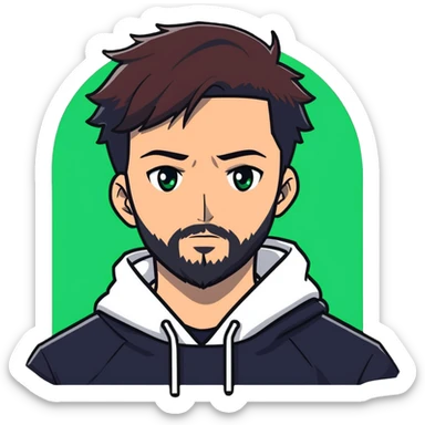 anime style man with short full beard, dark brown undercut hairstyle, white hoodie, and green eyes sticker
