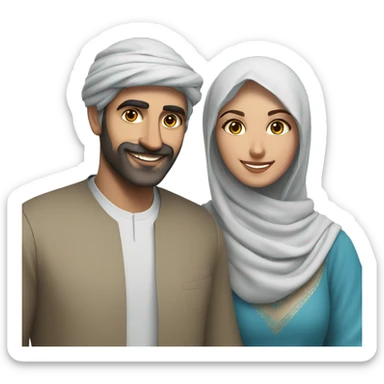 smiling couple under blue sky, the arab man has a black barb sticker