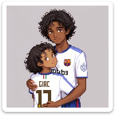 A tall boy with brown eyes, black hair, and white skin, wearing a Barça shirt, hugging a short girl with curly black hair, brown eyes, and bronze skin, wearing a Real Madrid shirt sticker