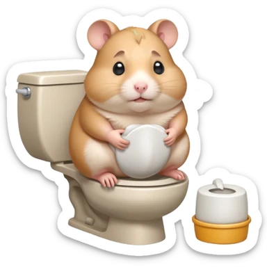 Cute chubby cartoon-style hamster sitting on toilet pooping looking as if he had an accident sticker