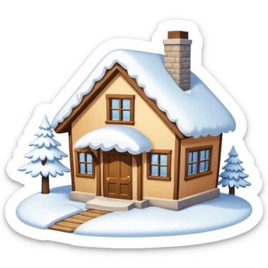 small house viewed directly from the front, with lots of snow sticker