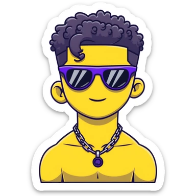 shirtless male athlete with white skin and moderately curly black hair on top with shaved sides, wearing purple sunglasses with black tinted lenses and a plain black chain necklace without pendant sticker