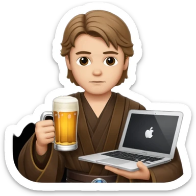 Anakin skywalker holding a beer and a macbook sticker