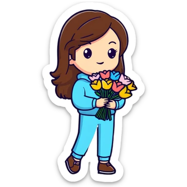 cool girl with long brown hair holding a bouquet of flowers, trendy outfit, stylish sticker