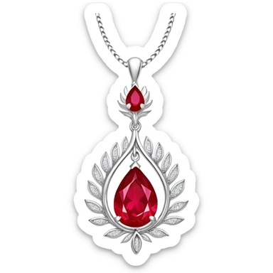 teardrop ruby pendant with fiery light, tiny phoenix feather, haloed by shimmering white stones, silver chain, symbolizing rebirth sticker
