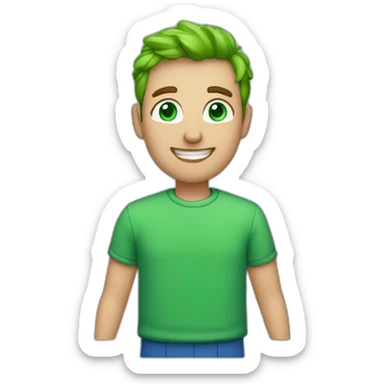 a man, green eyes, blue sweatshirt, green rubies on his head, waves hello sticker