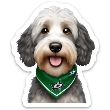 Multicolored Aussiedoodle wearing a bandana with the NHL Dallas Stars hockey team logo sticker