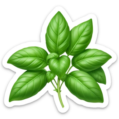 Cinematic Realistic Basil Emoji, Lush and fragrant, with vibrant green leaves that release a fresh, herbal aroma. The soft, glossy leaves are delicately arranged along slender stems, exuding vitality and flavor. Soft glowing outline, capturing the essence of freshness, growth, and aromatic delight in a blossoming basil plant! sticker
