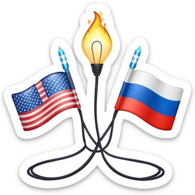 symbolic hot wire connecting Russia and USA with Russian and US flags at each end, glowing wire in the middle, tense atmosphere sticker