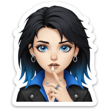 
 rockstar girl with black disheveled hair, blue eyes, Smokey eyes grunge makeup, ring on the side of the nose sticker